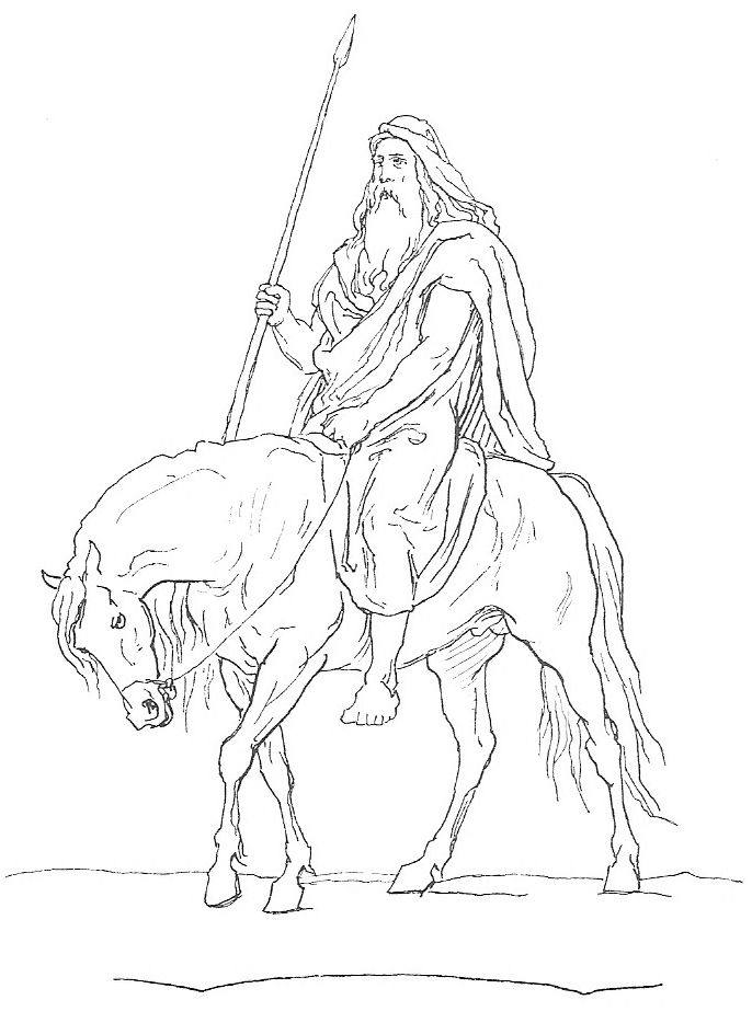 Imagen de Lorenz Frolich en la que se representa a Odin a aballo llevando en su mano su lanza Gungnir.