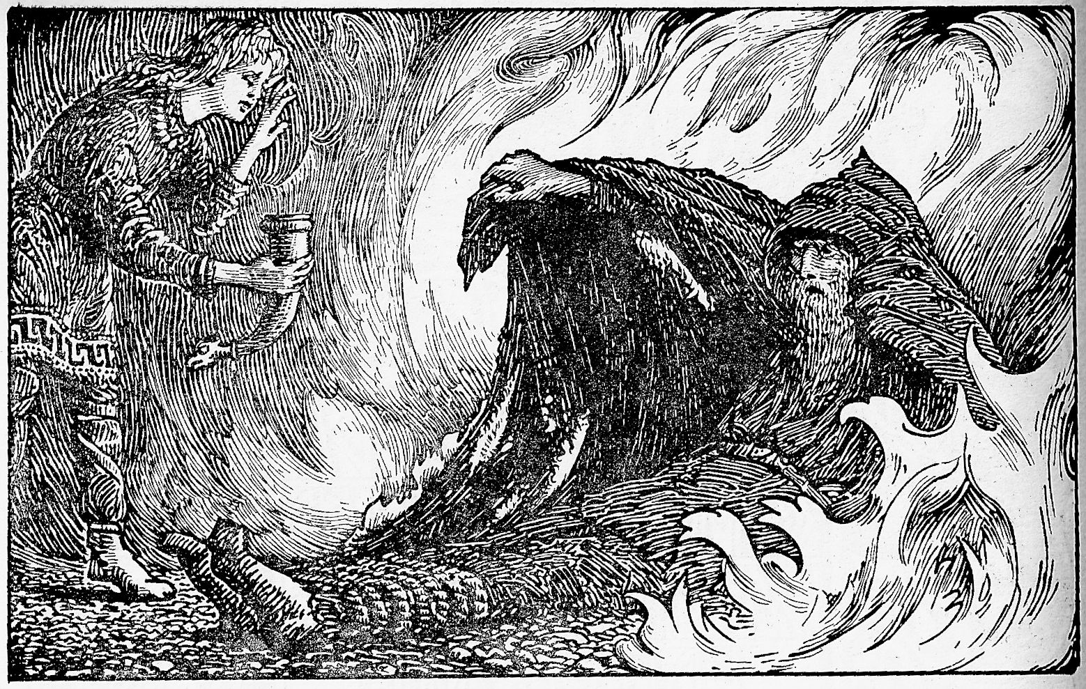 Odín envuelto en llamas mientras Agnar se acerca con un cuerno lleno de agua para saciar la sed del dios. Pintura de W.G. Collingwood.