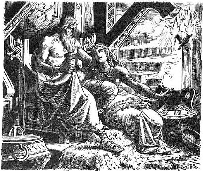Odín tomando el hidromiel mágico en un cuerno, mientras abraza a Gunnlod, la hija del gigante Suttung.