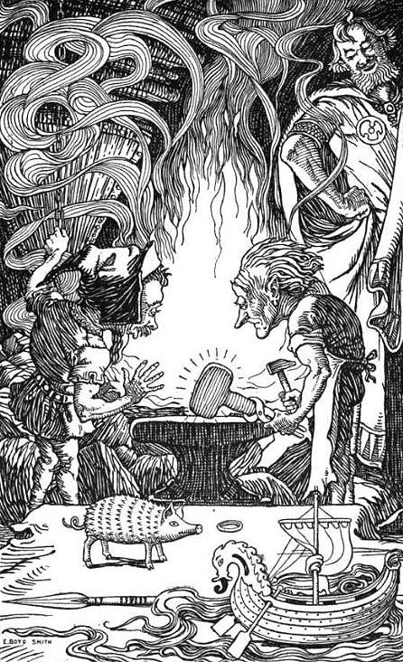Brok y Sindri ante el tercer regalo el martillo de Thor, el Mjolnir, se pueden ver sobre la mesa tambien al jabalí Gullinbursti, la lanza Gungnir, el brazalete Draupnir y el barco Skidbladnir.