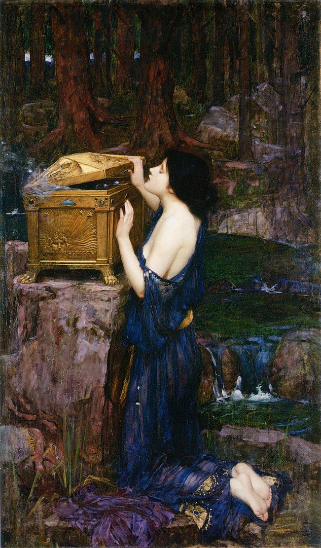 Pandora abriendo el anfora con los males de la humanidad. Pintura de John William Waterhouse.