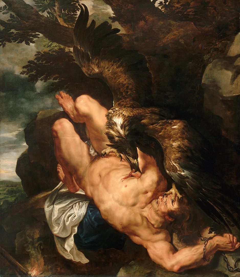 Prometeo fue condenado a ser atacado por un águia que devoraba su higado cada día, un organo en el que losgriegos creían residia el alma. Pintura de Peter Paul Rubens.
