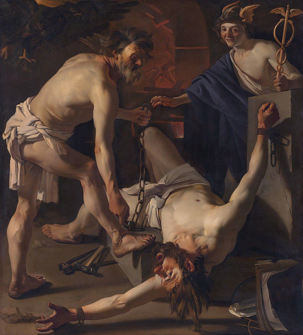 Prometeo siendo encadenado por Vulcano para cumplir con su condena, pintura de Dirck Barburen.