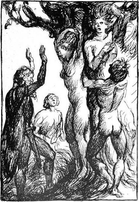 La creación de la primera pareja humana segun la mitología nórdica, a partir de un fresno y un olmo gracias a la acción de Odín, Hoenir y Loki. Ilustración de Robert Engels 1919