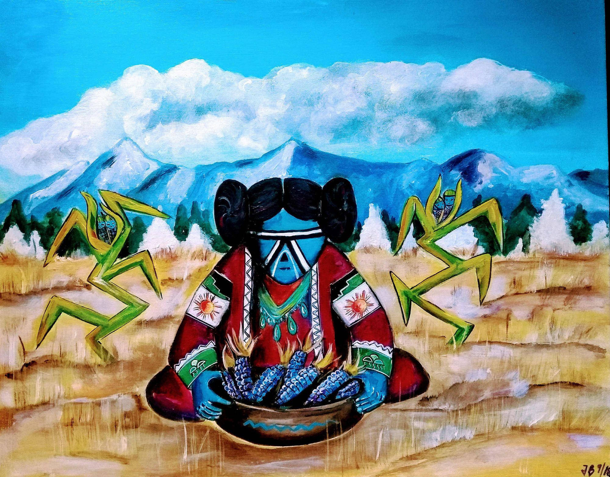 The blue corn maiden representada en una pintura de Judith Behnk.