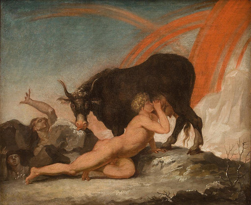 Ymir desnudo bebiendo leche de las ubres de Audhumbla, mientras está lame un bloque de sal, del que aparece parcialmente Buri, el ancestro de todos los dioses. En el fondo se evidencian las llamas de Muspelheim. Pintura de Nicolai Abildgaard.