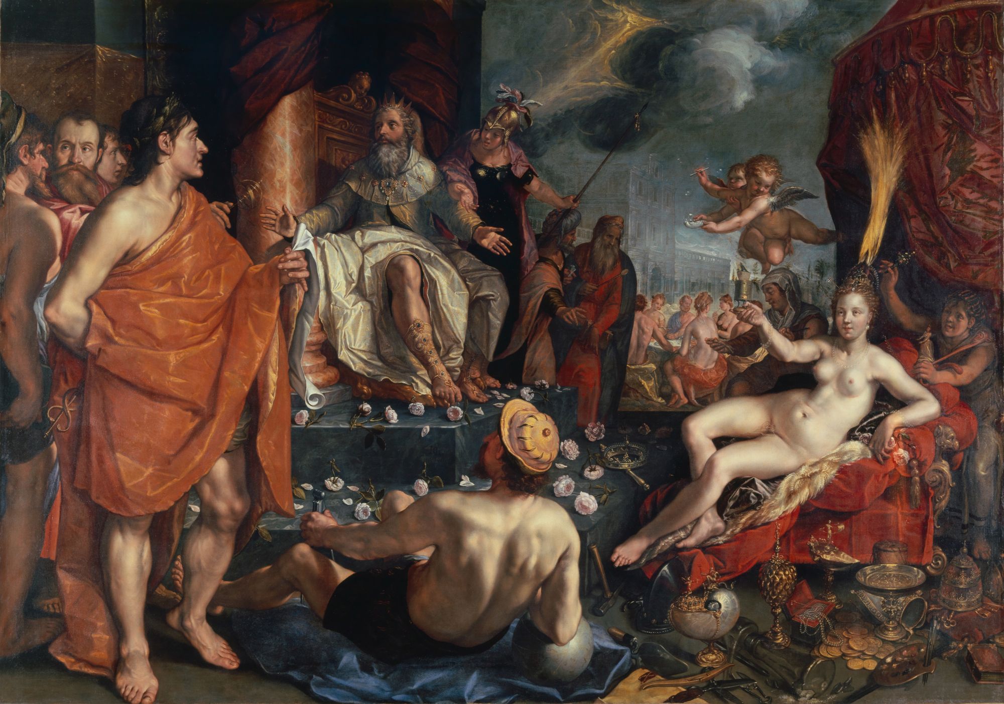 Hermes presenta a Pandora ante Epimeteo, quien prendado de la belleza de la mujer se caso con ella, a pesar de los anuncios realizados por Prometeo. Pintura de Hendrick Goltzius.