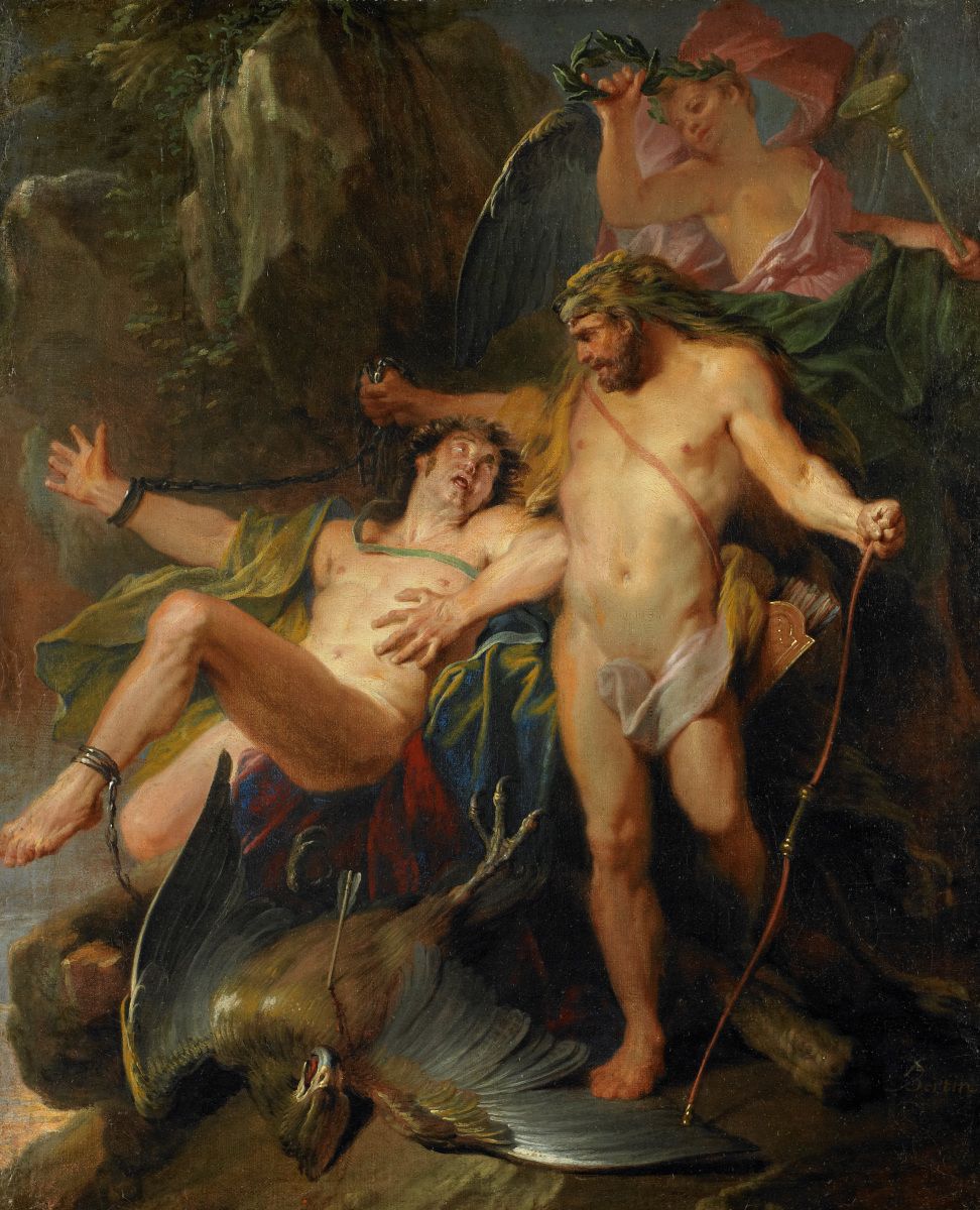 Heracles libera a Prometeo de su castigo. Pintura de Paul Bertin.