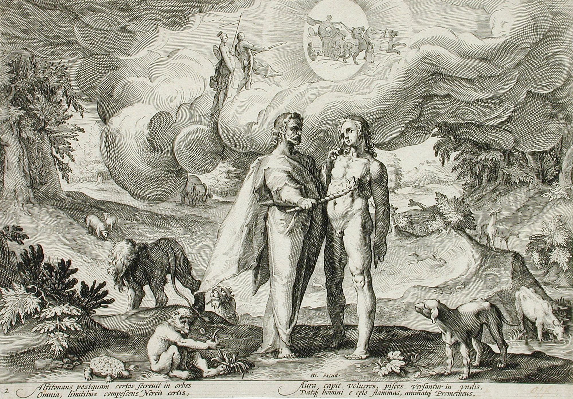 Prometeo crea a los seres humanos en una imagen de Hendrik Goltzius que ilustra una de las versiones de Las Metamorfosis de Ovidio.