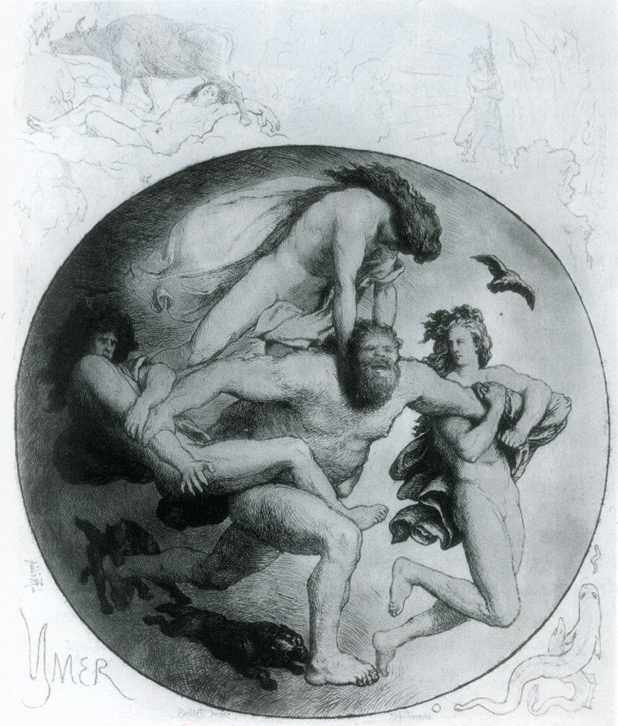 Odín, Vile y Ve, matando a Ymir, su sangre generaría un diluvio que acabaría con los antiguos gigantes, salvandose de esta inundación solo Bergelemer, el padre de los gigantes de hielo.