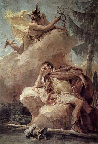 Mercurio visita a Eneas y le recuerda que debe seguir su viaje y cumplir con su destio. Pintura de Giovanni Battista