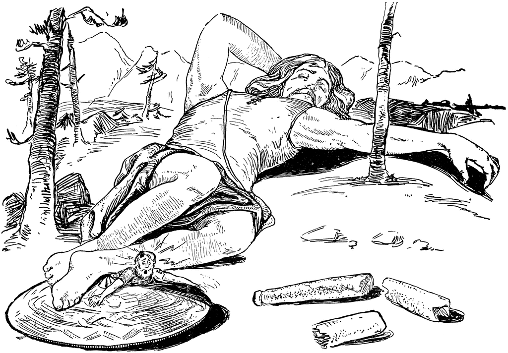 Thor atrapado bajo los pies del giante Hrungner, para poder ser liberado necesito de la ayuda de su pequeño hijo Magni.