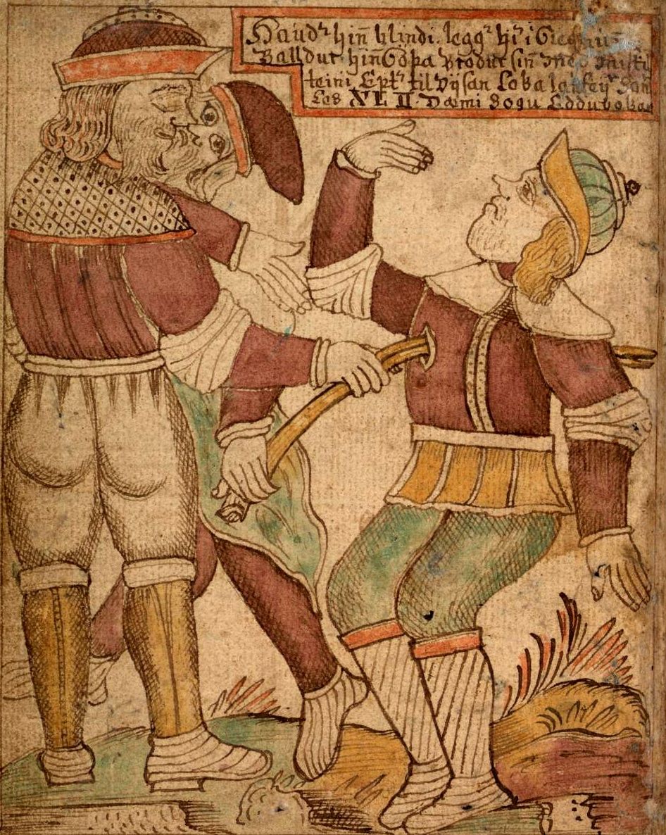 Loki guía la mano de Höder con una flecha de muérdago hasta el corazón de Balder. Ilustración un antiguo manuscrito islandes.