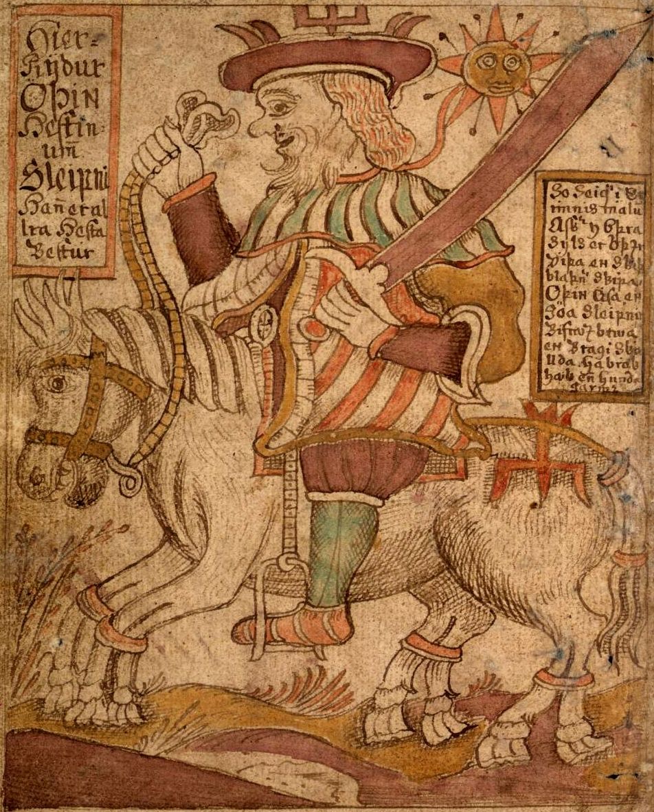 Odin montando a Sleipnir, lo interesante de este caballo es que nació como hijo de Loki, que tuvo que entretener a Svaldifari, el caballo que ayudaba a un gigante a construir la muralla de Asgard.