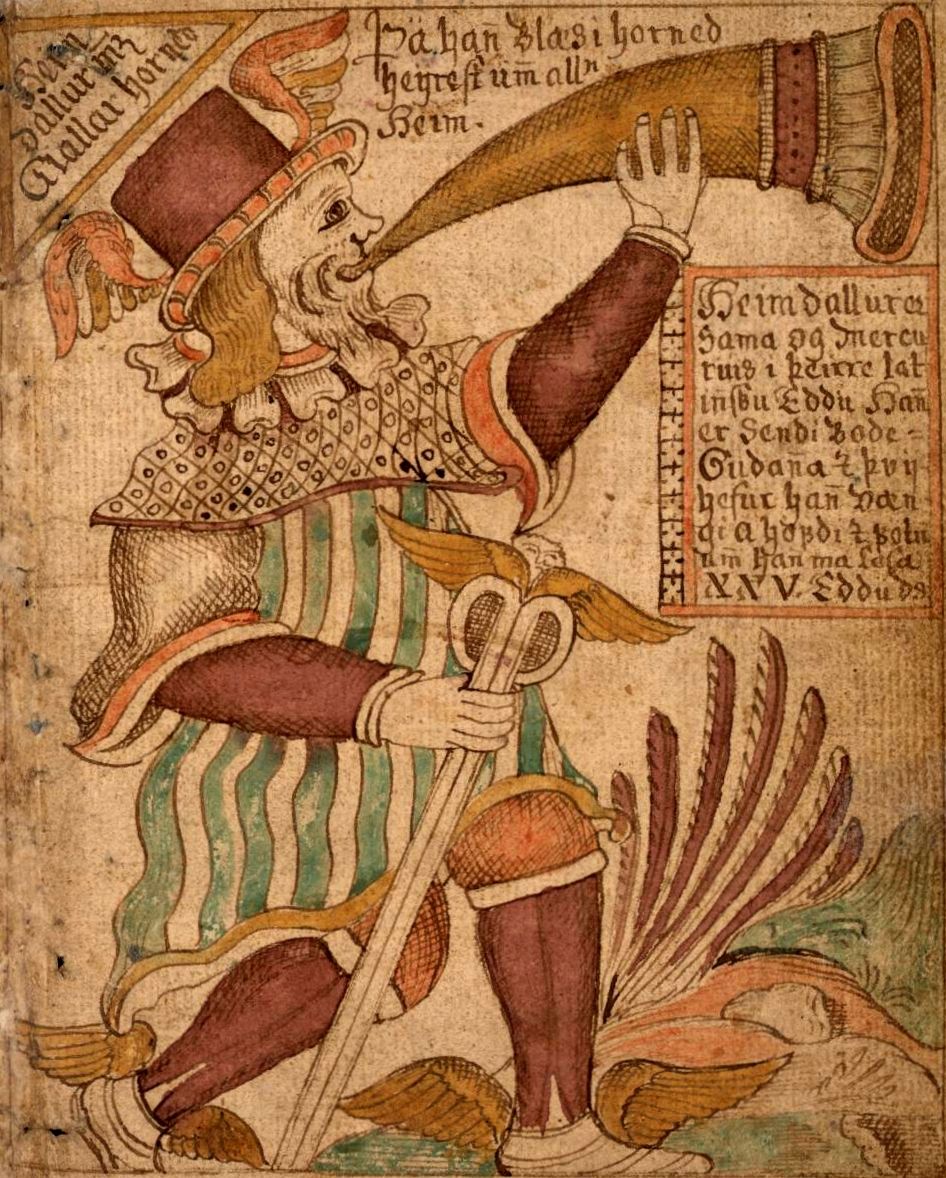 Heimdall en guardian del puente Fribost representado en una imagen de un manuscrito irlandes.