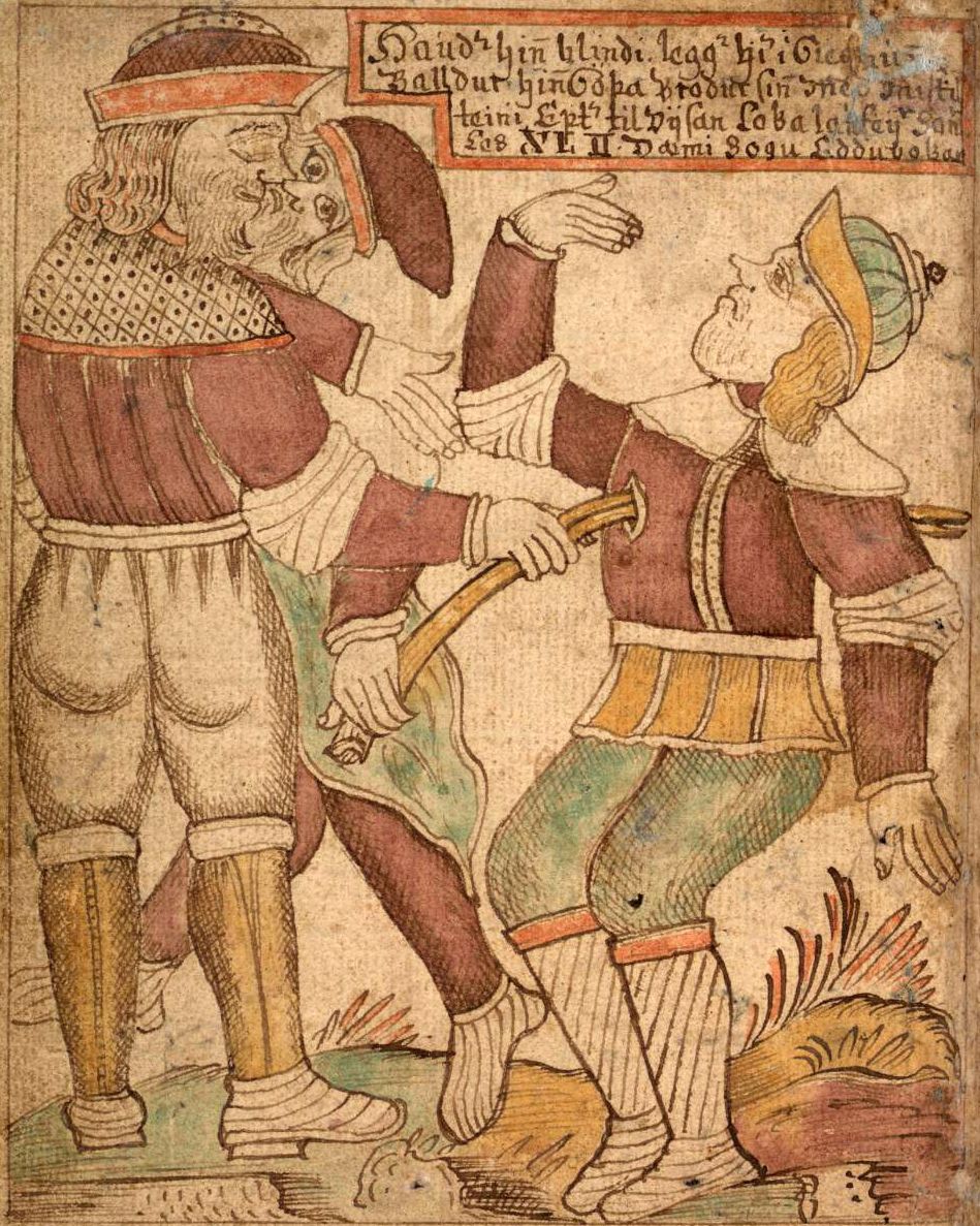 La muerte de Balder representada en un manuscrito irlandes del siglo XVIII