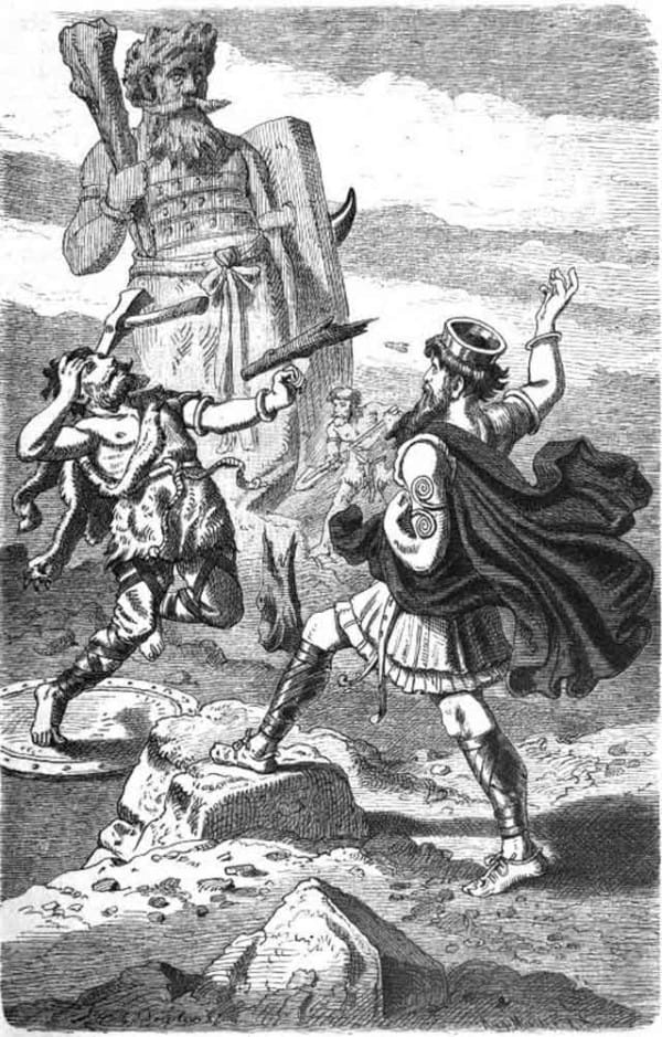 La pelea entre Thor y Hrungner, que el dios del trueno terminaría ganando, a costa de sufrir un golpe bastate doloroso en su cabeza.
