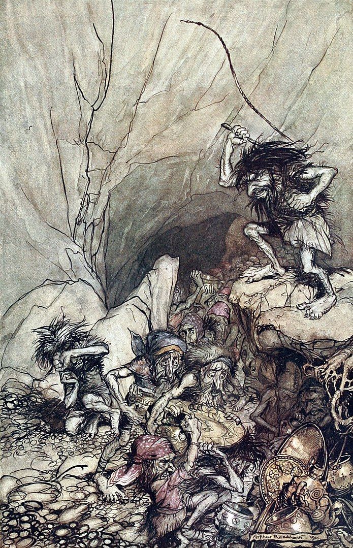 Andvari llamado Alberich en la versiónde Wagner, era un hábil enano, jefe de un grupo de ladrones, que mantenia inimaginables tesoros. Pintura de Arthut Rackman.