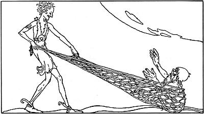 Loki atrapa a Andvari en la red que había conseguido de la reina Ran.