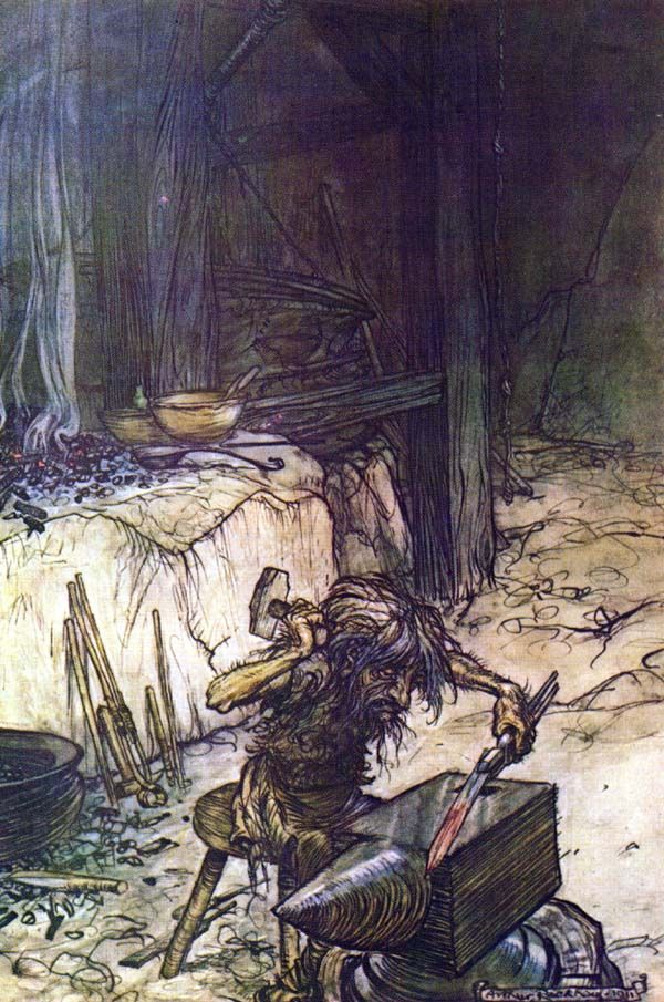 Regin en su forja, en una pintura de Artur Rackham.
