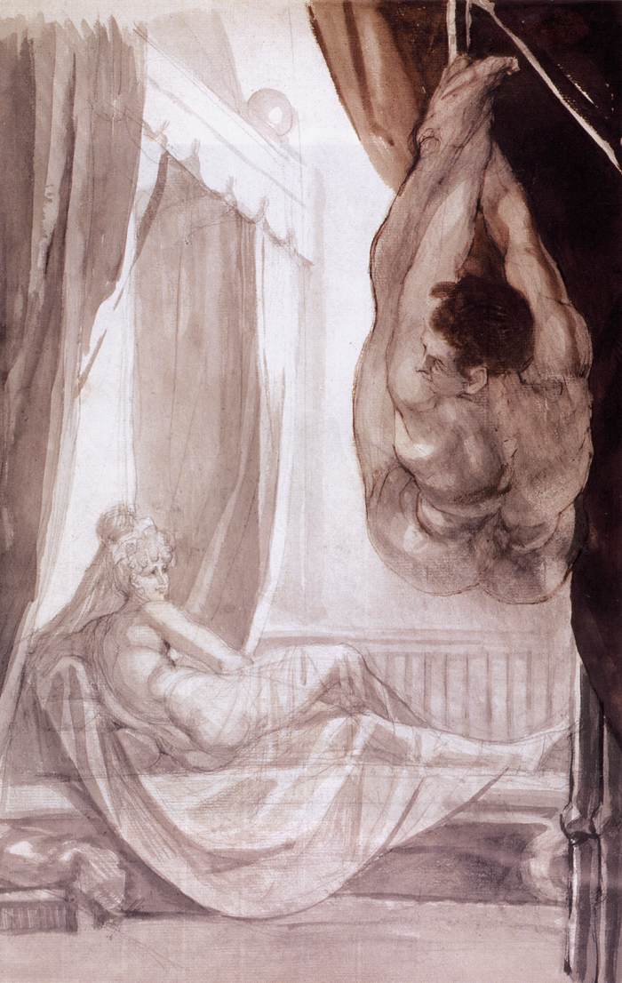 Brunilda observa a Gunther, que se halla colgado de la pared, según cuenta la leyenda, Gunther trato de poseer a Brunilda pero ella debido a su fuerza le rechazó en varias ocasiones, colgándolo de la pared, y haciéndole prometer que no la molestaría más hasta que no lograra derrotarla en fuerza.