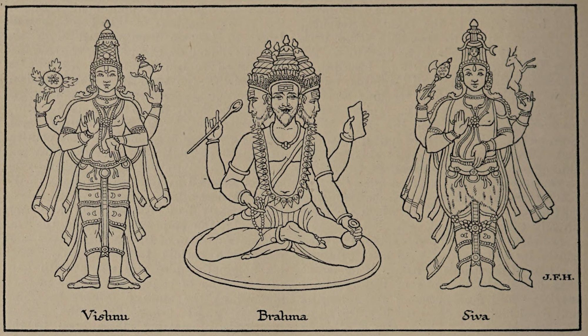 Trimurti de la mitología hindu representando a Brahma, Vishnu y Shiva.