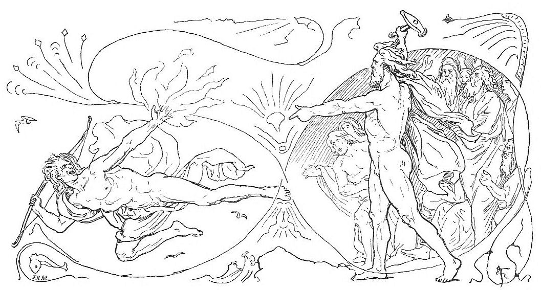 Loki escapa de la cena organizada por Aegir tras atacar a todos los dioses, es perseguido por Thor que mantiene su martillo en alto.
