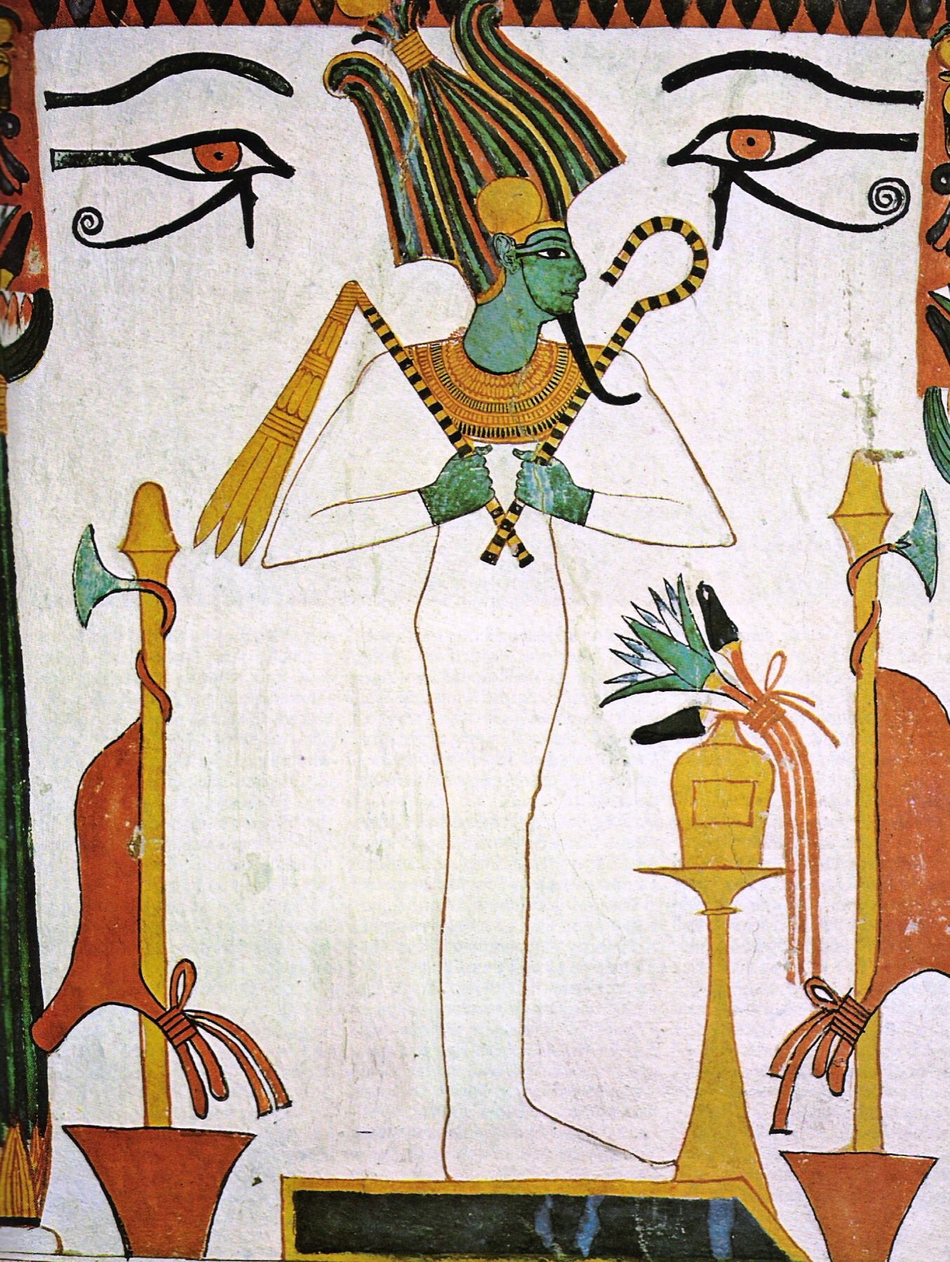 Representación de Osiris como un ser momificado con tez de color verde.