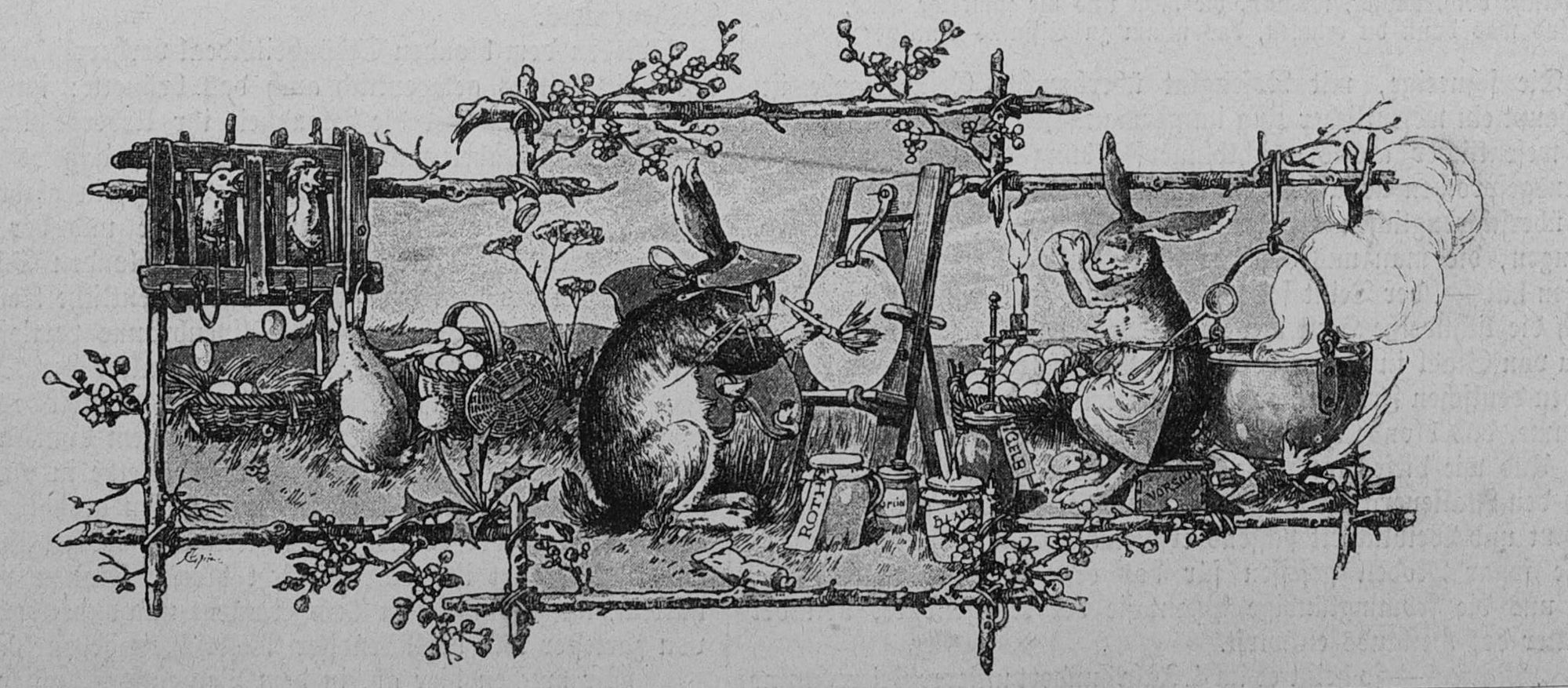 Conejos pintando huevos para entregarlos a los niños