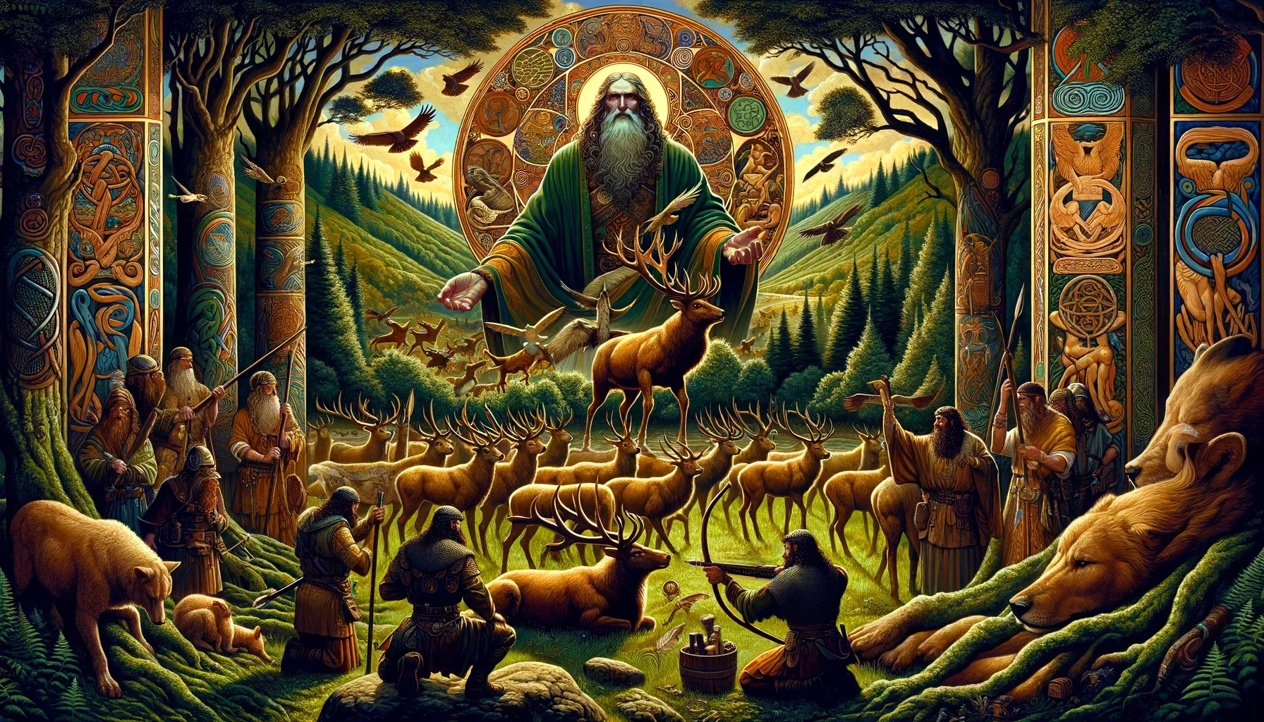 Esta ilustración simbólica de Cernunnos lo muestra supervisando una escena de caza celta, destacando su papel como protector de los animales y señor de la caza en la mitología celta. Rodeado por cazadores celtas en un bosque frondoso, Cernunnos encarna la sabiduría y el equilibrio entre los humanos y la naturaleza. Elementos del arte y simbolismo celtas enriquecen la escena, reflejando la significativa conexión de Cernunnos con la cultura y sociedad celtas.
