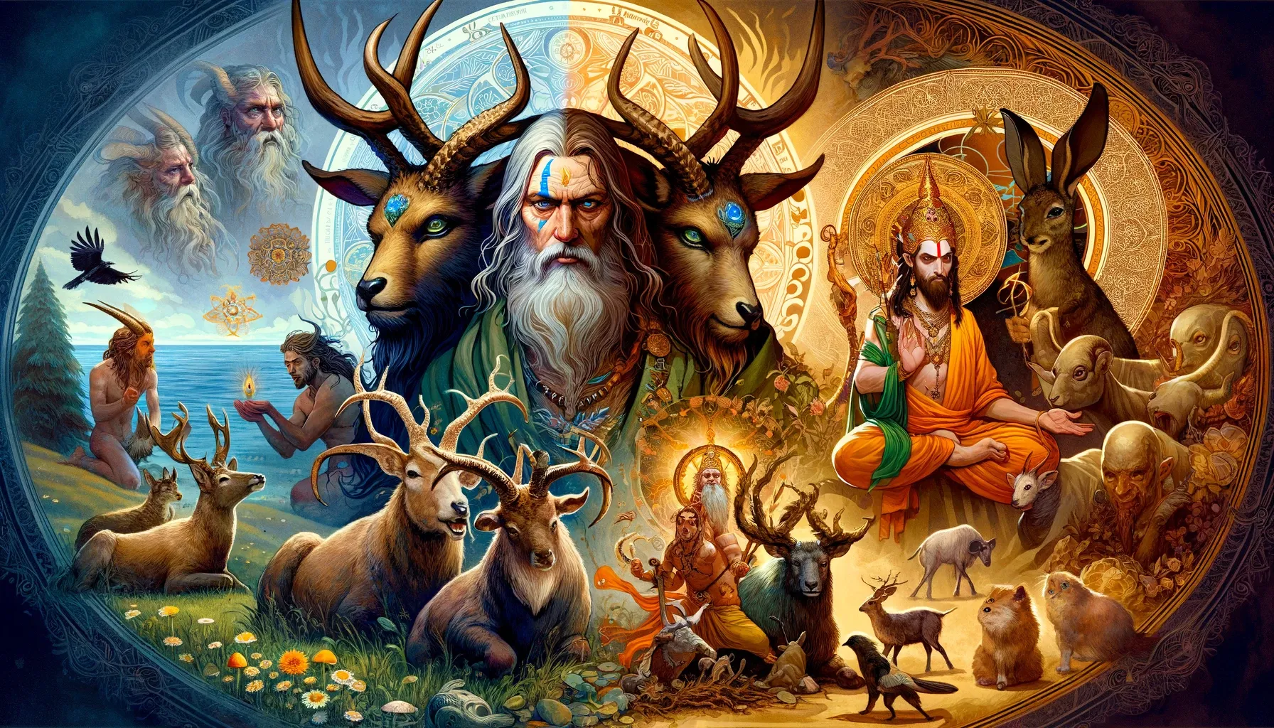 magen que muestra un montaje artístico de Cernunnos, el dios celta de los cuernos, y Pashupati, la deidad hindú señor de los animales, destacando sus similitudes. Cernunnos se presenta con cuernos de ciervo y una expresión serena, mientras que Pashupati está rodeado de animales, en un estilo tradicional hindú. En el fondo, elementos culturales fusionados simbolizan el tema universal de adoración a la naturaleza y las deidades asociadas con animales. Una silueta sombría con cuernos sugiere la influencia de Cernunnos en las representaciones del diablo en el cristianismo.
