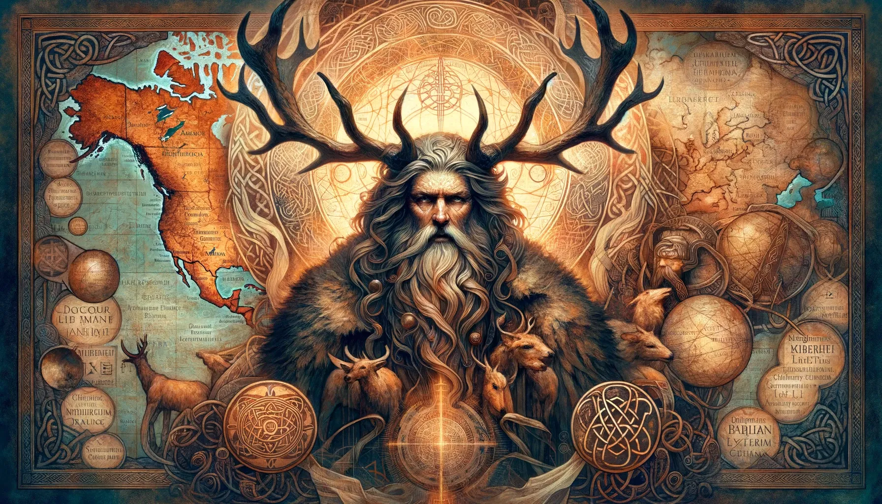 Una representación artística que ilustra la majestuosidad y el misterio de esta figura central en la mitología celta, ambientada sobre un mapa de la antigua Europa, destacando las regiones donde su culto fue prominente, incluyendo Irlanda, Francia y el norte de Italia. Esta imagen fusiona elementos clásicos celtas, como patrones de nudos y símbolos, con la poderosa imagen de Cernunnos, evocando la rica historia y la profunda conexión espiritual de esta deidad con la naturaleza y el mundo antiguo.