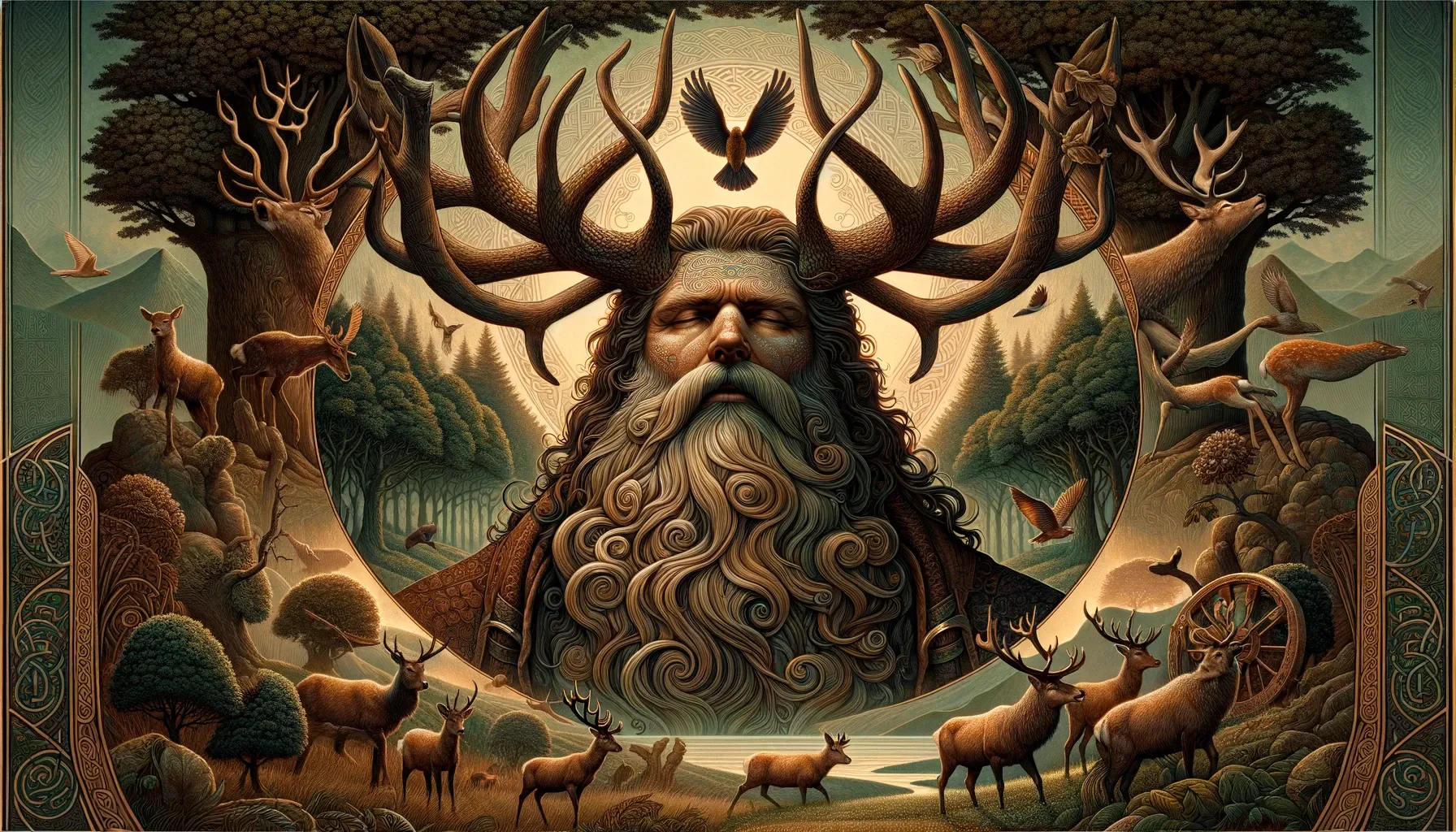 Esta representación artística de Cernunnos, el Dios Celta de los Cuernos, destaca su figura majestuosa y sabia, con una barba plena y cuernos de ciervo intrincados. Rodeado de elementos del bosque y animales como ciervos, la imagen resalta su rol como protector y señor de la fauna. El entorno místico y sereno subraya la relación armoniosa entre Cernunnos y el mundo natural, simbolizando los temas de masculinidad, fertilidad y los ciclos de la naturaleza en la mitología celta antigua.