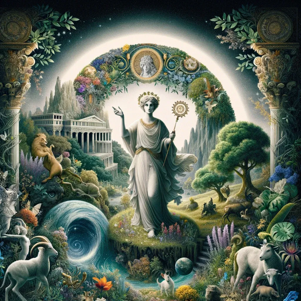 Representación simbólica de Circe como un arquetipo de poder femenino en la mitología griega. Muestra a Circe en una pose dominante y confiada, rodeada de flora y fauna mágica en su isla Aeaea. En una mano sostiene una varita, simbolizando sus habilidades mágicas, y con la otra hace un gesto de comando, ilustrando su independencia y dominio. El fondo incluye elementos de su palacio y el bosque encantado, con varios animales que insinúan su poder de transformar a los hombres.