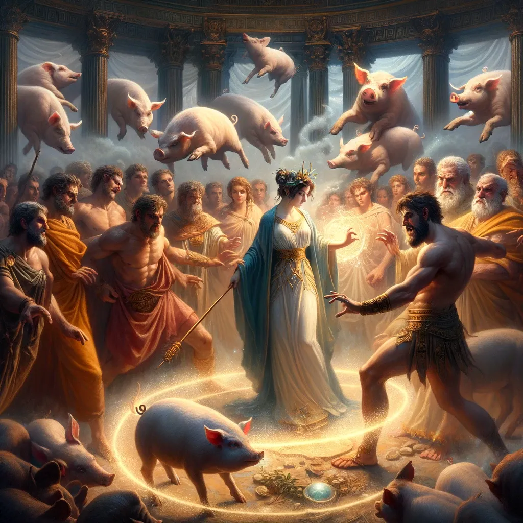 Ilustración de 'La Odisea' mostrando a Circe en su palacio mientras transforma a los compañeros de Odiseo en cerdos. Circe, con varita en mano, ejerce su hechizo, rodeada de hombres en diversas etapas de transformación en cerdos, simbolizando el poder de la magia y las consecuencias de la imprudencia humana. En primer plano, Odiseo resiste el hechizo, protegido por una hierba mágica de Hermes, indicado por un resplandor sutil a su alrededor, destacando su astucia y habilidad para enfrentar desafíos abrumadores.