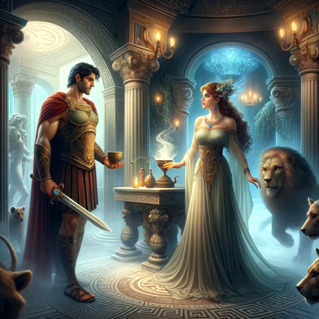 Ilustración del encuentro entre Odiseo y Circe en la mitología griega. Muestra a Circe, una hechicera poderosa y hermosa, de pie en su palacio con un vestido elegante, sosteniendo una copa que simboliza la bebida encantada. Frente a ella, Odiseo, un héroe astuto, se muestra cauteloso pero decidido, sosteniendo una espada y rodeado de un suave resplandor, indicando su inmunidad al hechizo de Circe gracias a la hierba mágica de Hermes. El palacio es lujoso, con decoraciones ornamentadas y criaturas míticas en forma de leones, osos y lobos mansos, sugiriendo el poder de Circe para transformar a los hombres en animales.