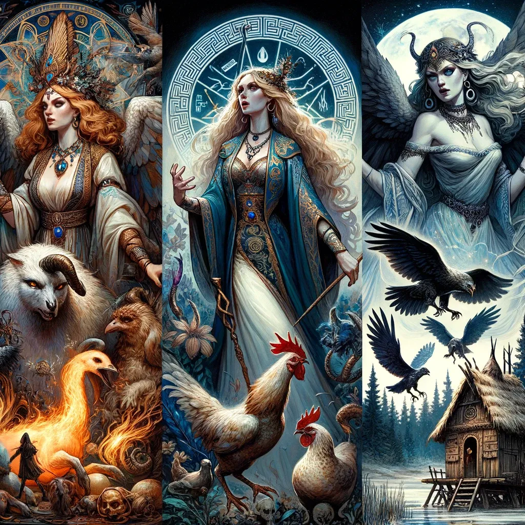 magen compuesta que muestra a Circe de la mitología griega con su varita y rodeada de animales transformados, Morgan le Fay de la leyenda artúrica con artefactos místicos, Hécate de la mitología griega con símbolos del inframundo y la brujería, y Baba Yaga del folklore eslavo cerca de su cabaña móvil sobre patas de pollo, destacando su naturaleza más oscura y temible. La imagen fusiona a estas icónicas hechiceras, resaltando tanto sus similitudes como sus diferencias."
