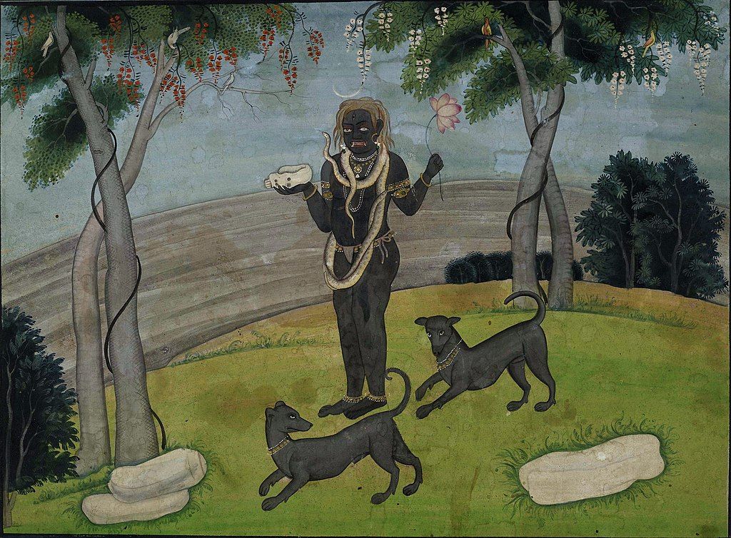 La deidad está representada en una postura relajada y amistosa, con una serpiente alrededor del cuello y flanqueada por fieles caninos, simbolizando su conexión con todas las criaturas vivientes. El entorno natural pacífico y la flora vibrante realzan la armonía entre el dios y su reino, reflejando el respeto y la devoción por la vida en todas sus formas.