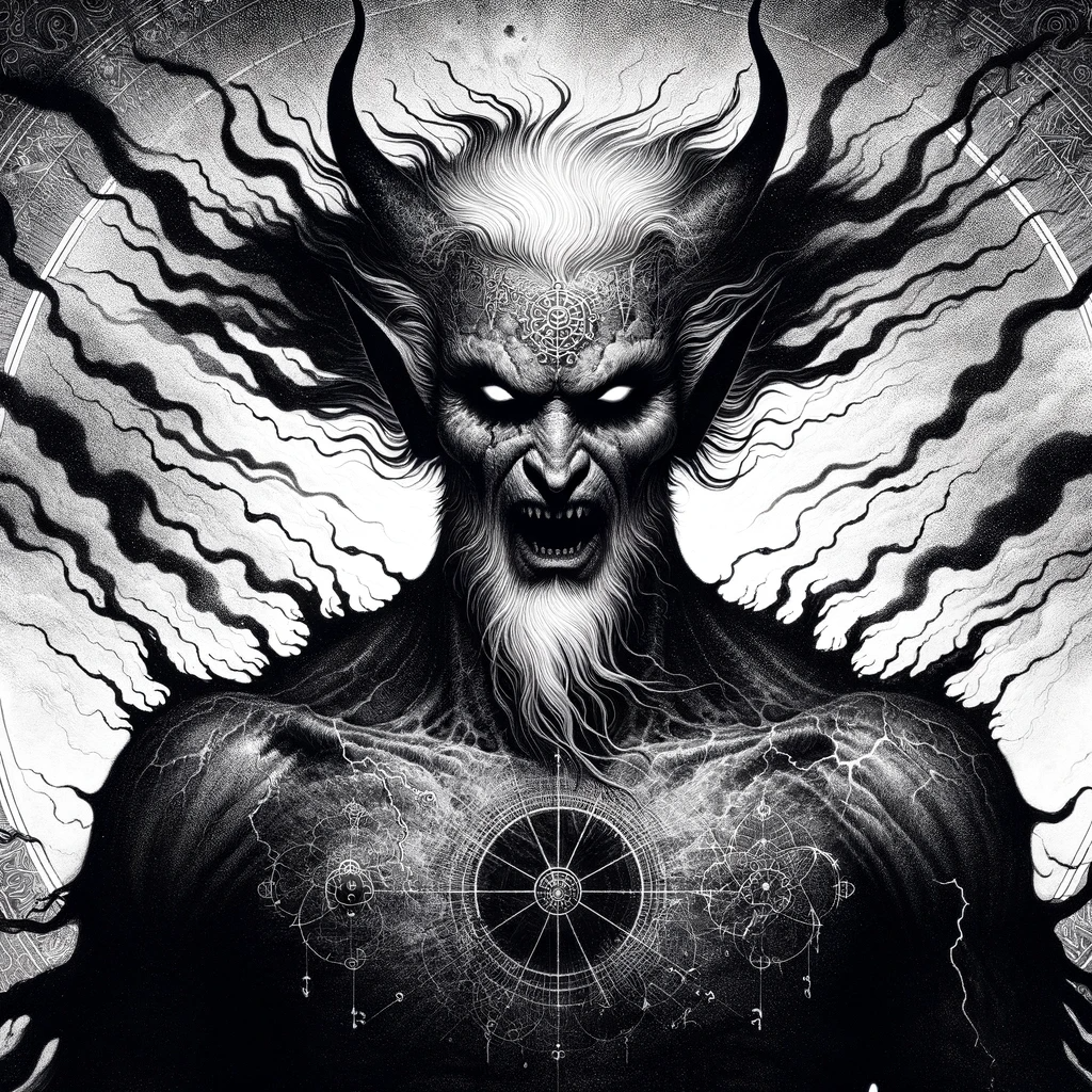 ilustración de Angra Mainyu, la encarnación del mal en el Zoroastrismo, representado como una figura oscura y amenazante. La imagen captura su esencia como una entidad poderosa y temida en la mitología zoroástrica.