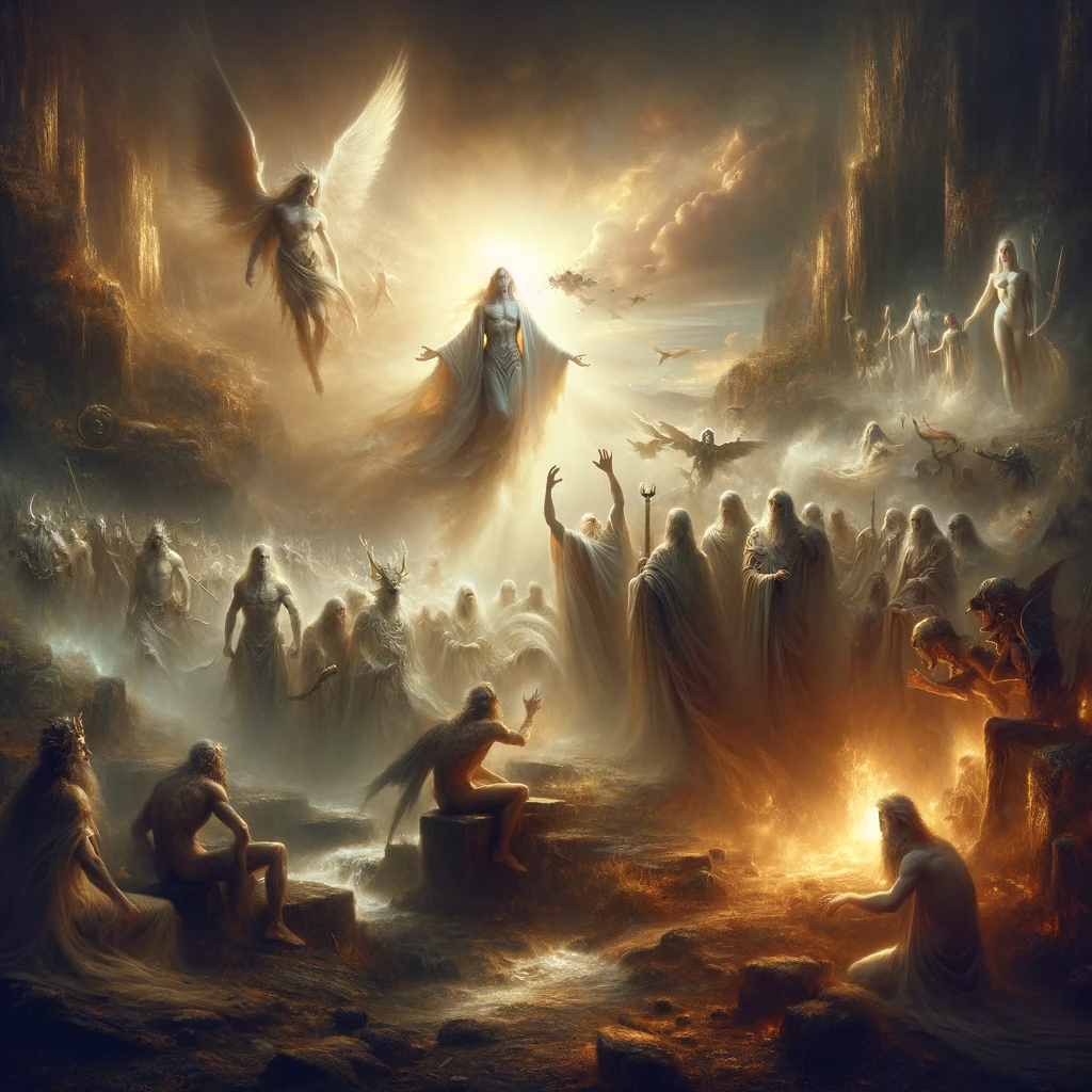 Imagen artística representando a los Tuatha Dé Danaan en la antigua Irlanda, mostrando figuras etéreas y poderosas en un paisaje celta. Se ven involucrados en batallas contra invasores y deidades, simbolizando su lucha por la supremacía y el trágico declive de su era. La atmósfera combina elementos de misticismo, poder ancestral y un toque de su destino final en manos de los Milesians