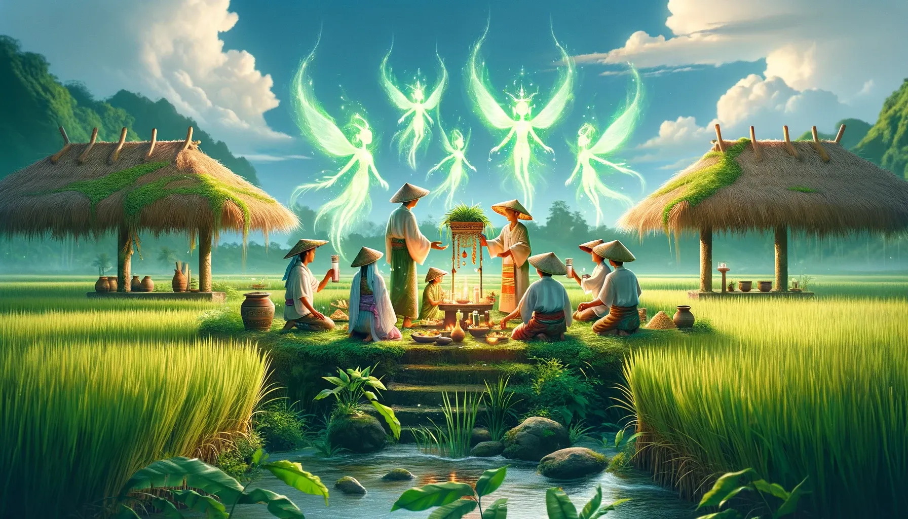 Una escena de agricultores filipinos realizando un ritual en un campo de arroz, ofreciendo comida y bebidas a un altar para los anito, con espíritus luminosos sobre el altar.