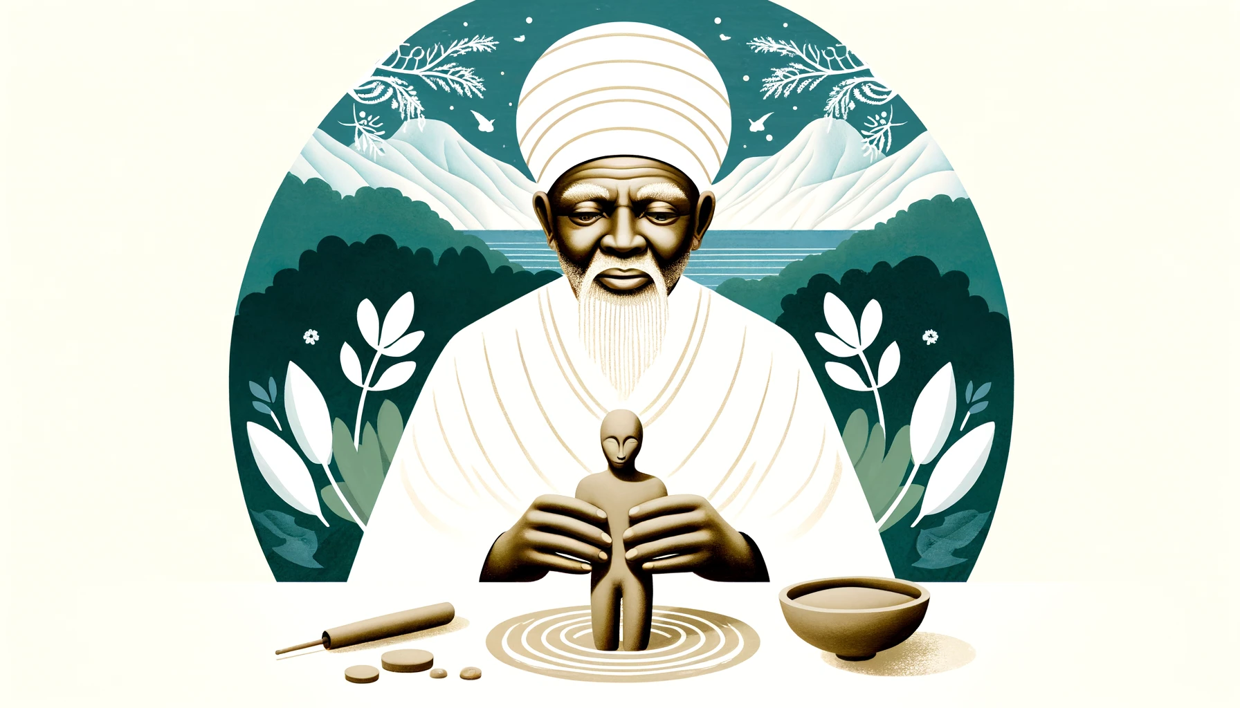 Representación de Obatala, un Orisha mayor de la religión yoruba, con vestimentas blancas, creando figuras humanas de arcilla, con un fondo de montañas y cielos despejados simbolizando pureza y sabiduría.