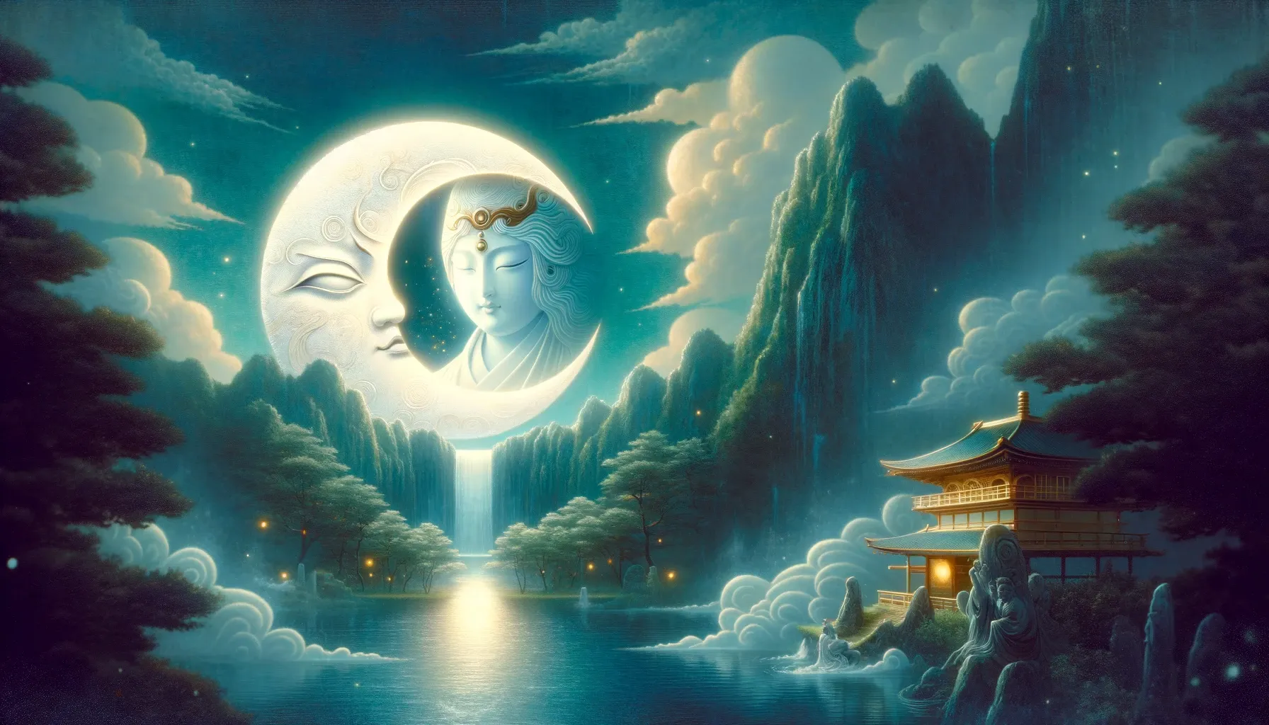 Tsukuyomi emergiendo del ojo derecho de Izanagi durante un ritual de purificación, rodeado de luz mística.