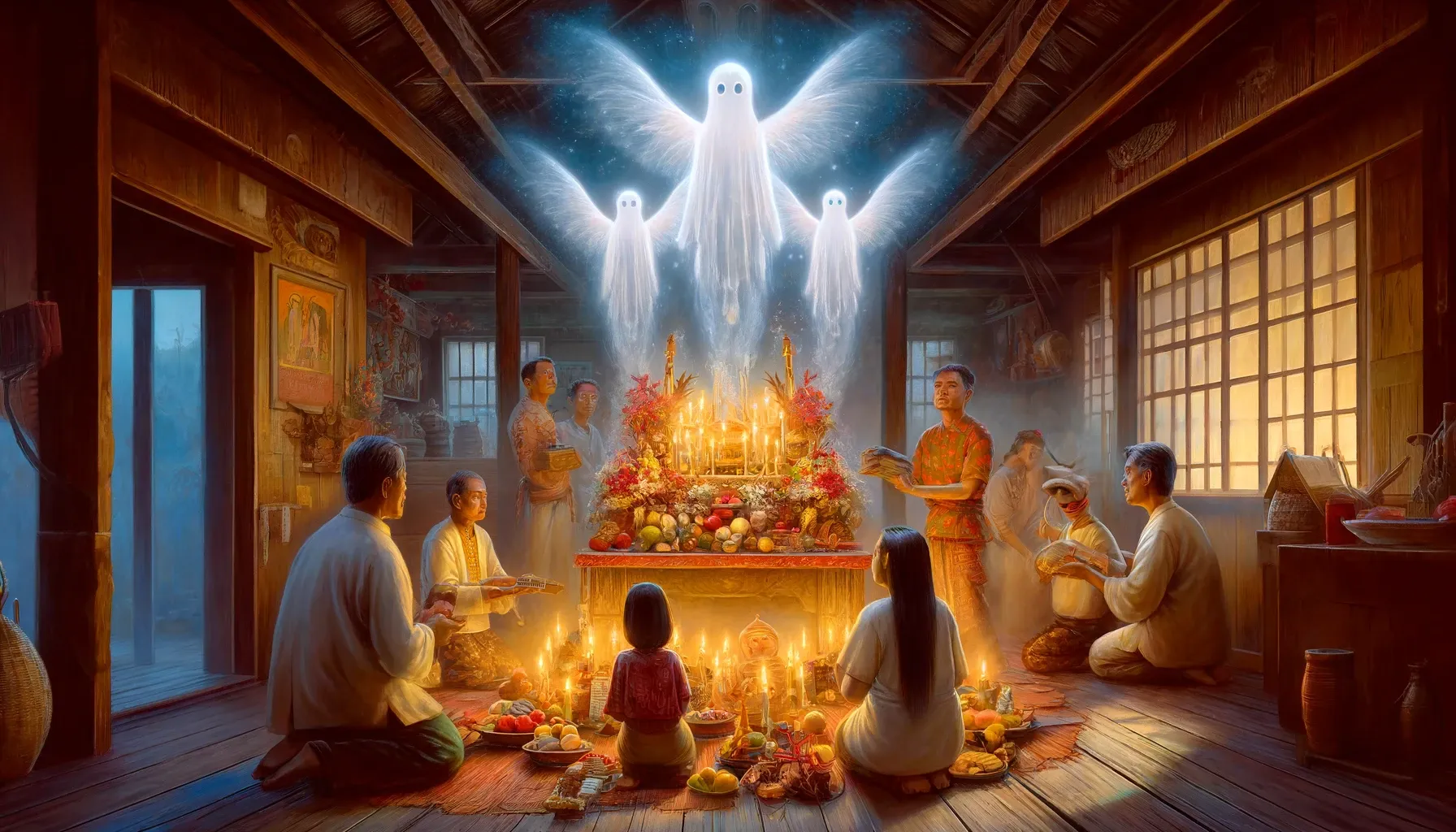 Una familia filipina vestida con atuendos tradicionales, reunida alrededor de un altar con ofrendas para los anito, con espíritus luminosos presentes.