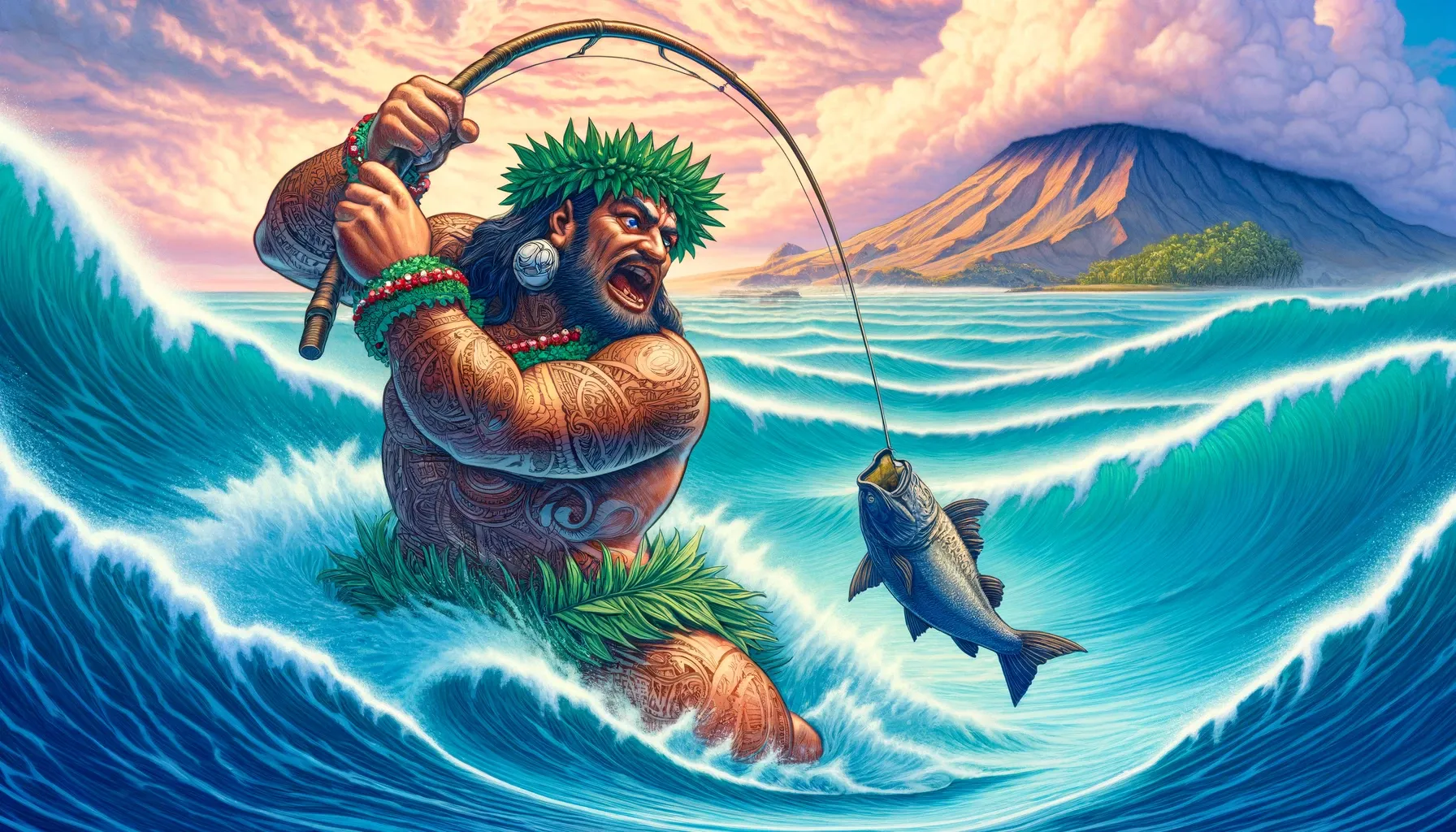 Maui, el semidiós polinesio, usa su anzuelo mágico para sacar una gran isla del océano, con un fondo de mar y otras islas en la distancia.