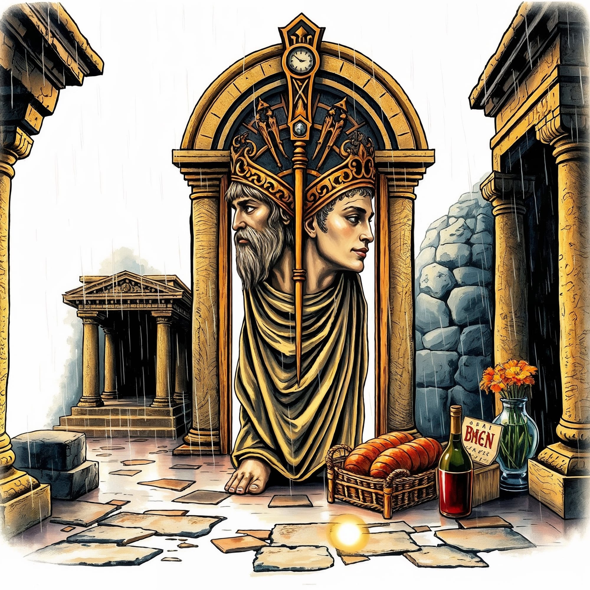 Ilustración de Jano, el dios romano de las transiciones, representado con dos rostros bajo un arco romano. A su alrededor se ven columnas, ofrendas de pan y vino, y un fondo de estructuras antiguas bajo la lluvia, simbolizando el inicio de nuevos ciclos.