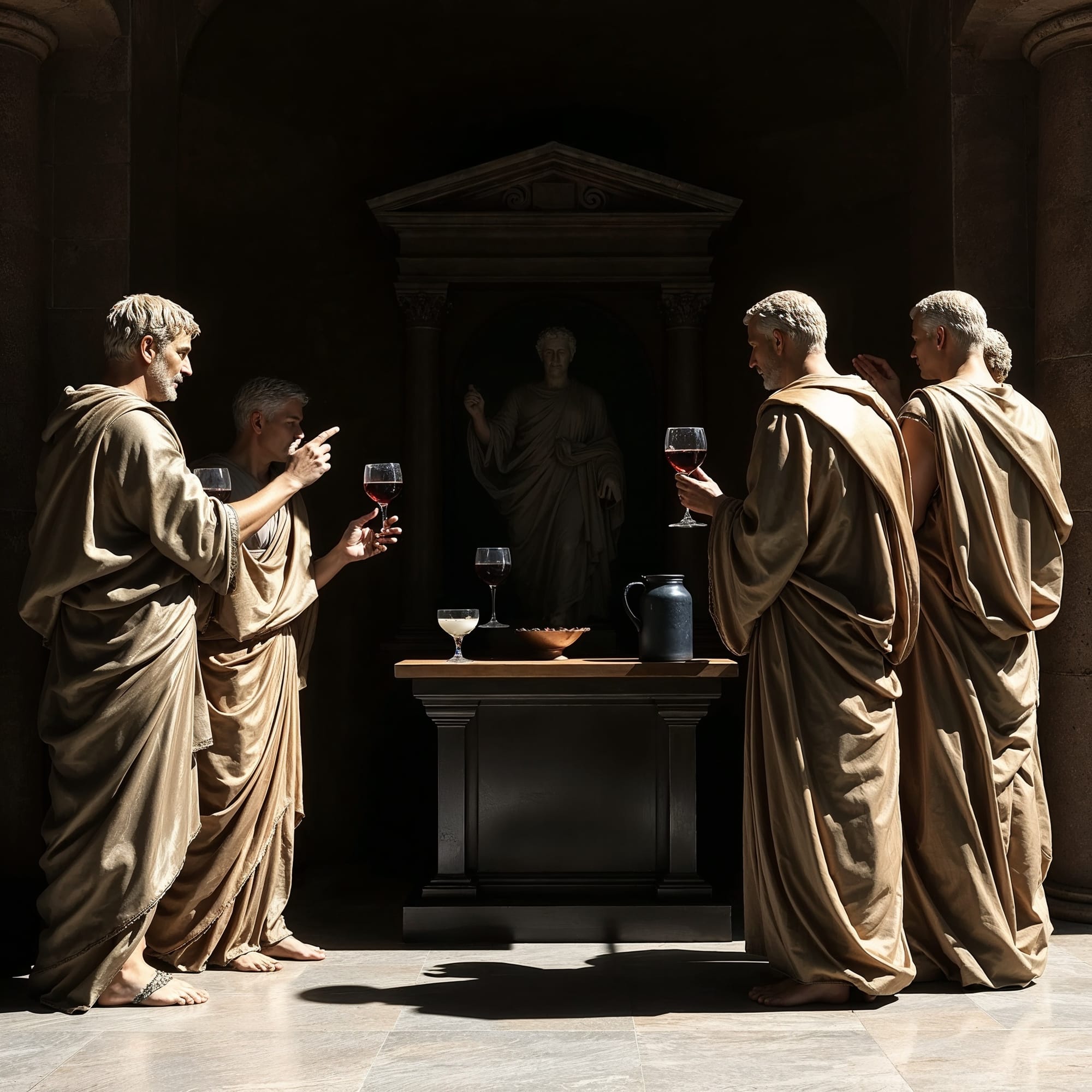 Grupo de hombres romanos en togas realizando un brindis frente a un altar, con copas de vino y ofrendas en una mesa. En el fondo se observa una estatua clásica que preside el ritual, evocando una ceremonia en honor a Jano.