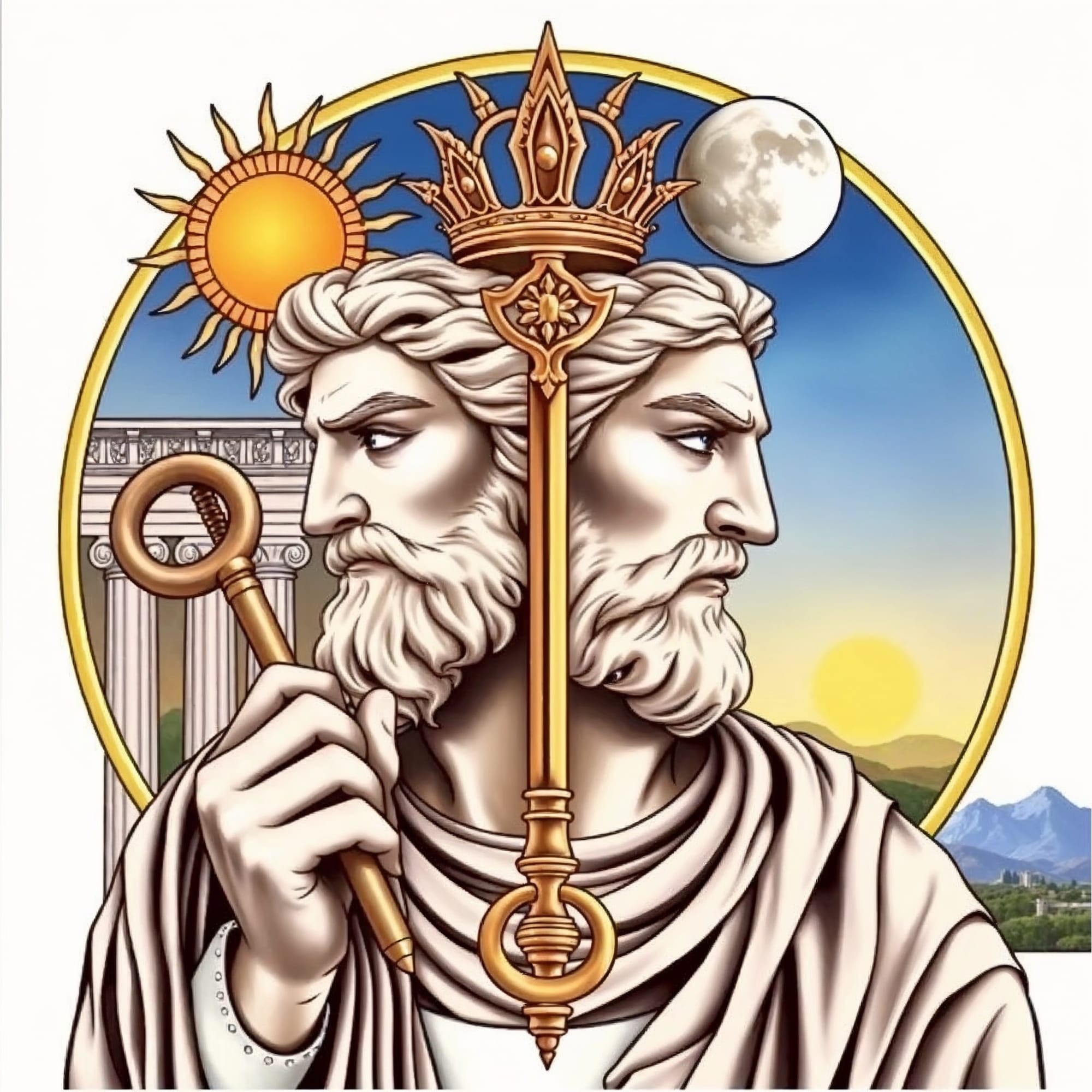 Ilustración de Jano, el dios romano de las puertas y transiciones, con dos rostros mirando en direcciones opuestas, sosteniendo una llave dorada. El fondo muestra el sol y la luna, simbolizando la dualidad del día y la noche, junto a un paisaje con montañas y columnas clásicas.