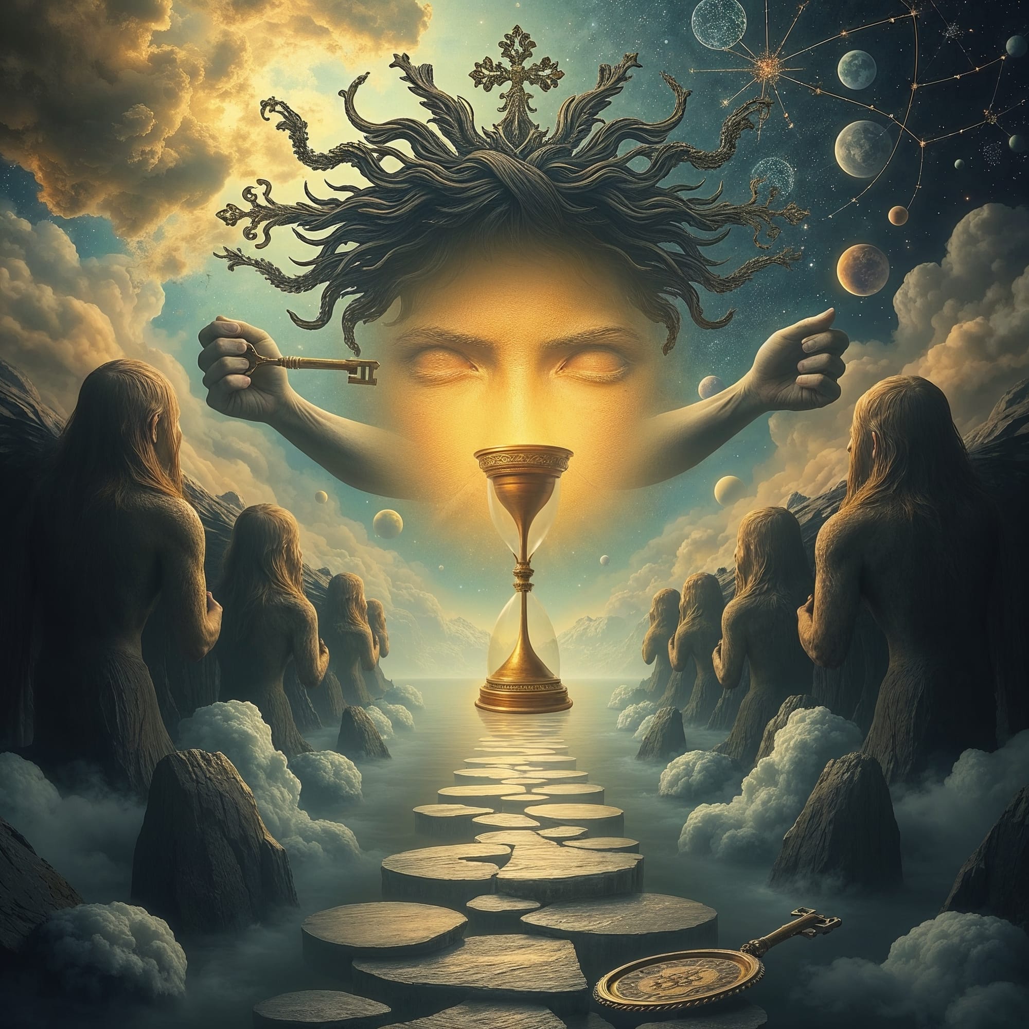 Ilustración surrealista de un rostro iluminado con ojos cerrados, dos brazos sosteniendo una llave y un reloj de arena. Un camino de piedras flota en medio de nubes y figuras contemplativas, simbolizando el cambio y las transiciones en un contexto contemporáneo.