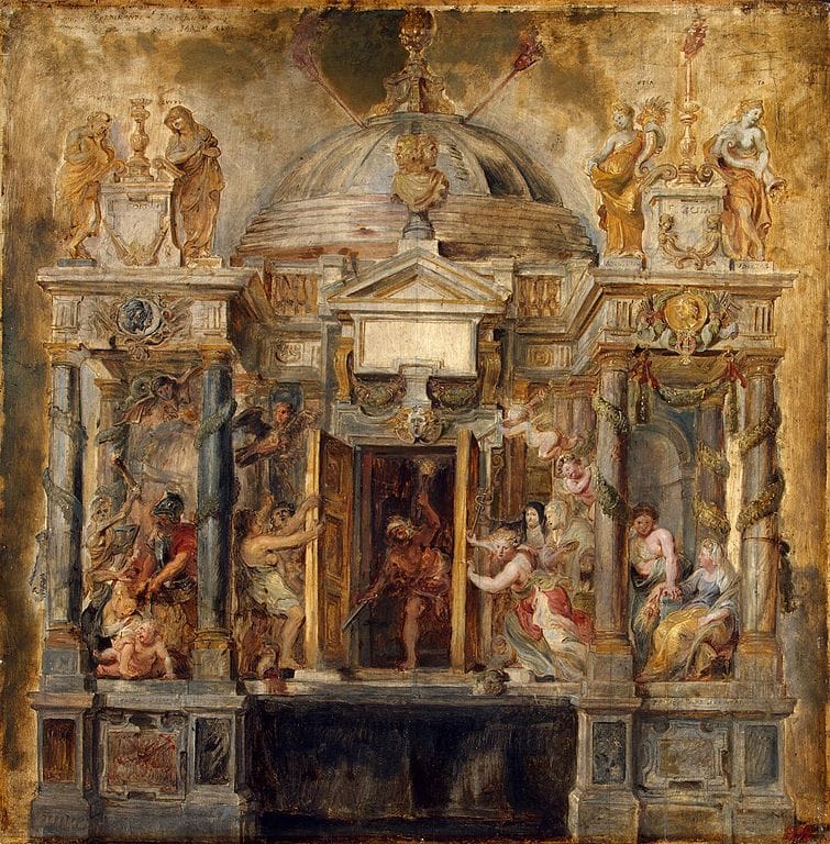 Pintura barroca de Peter Paul Rubens que representa el templo de Jano, con sus puertas abiertas. La escena incluye figuras alegóricas y deidades en un entorno arquitectónico clásico decorado con guirnaldas y columnas ornamentadas.